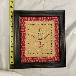 Handmade Red Snowman Embroidery Wall Art - 'Get Your Merry On'